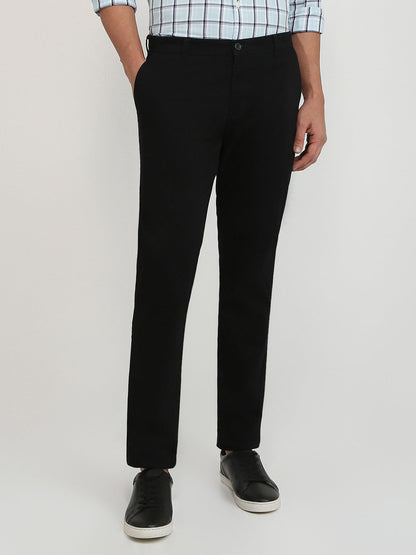 Parx Men Black Twill Low Rise Tapered Fit Cotton Blend Trouser