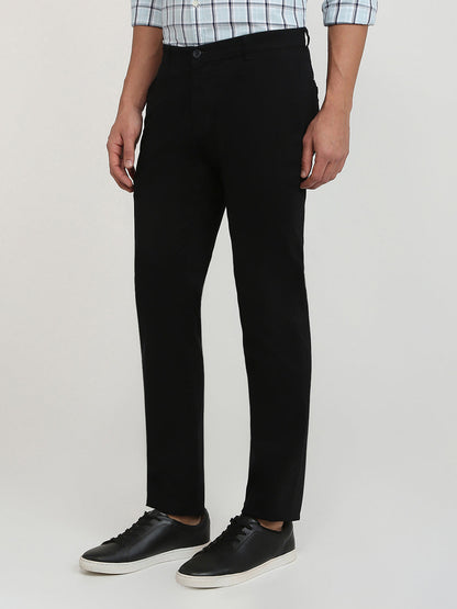 Parx Men Black Twill Low Rise Tapered Fit Cotton Blend Trouser