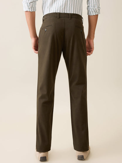 Parx Men Green Twill Low Rise Tapered Fit Cotton Blend Trouser