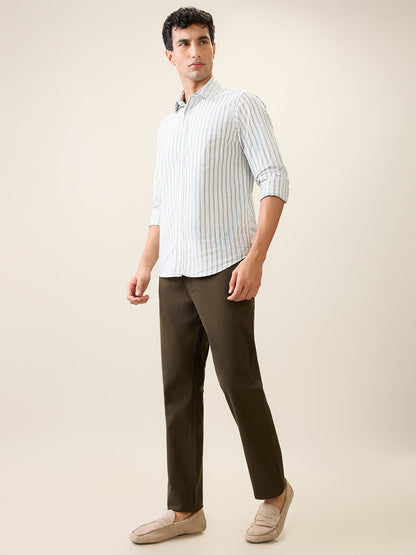 Parx Men Green Twill Low Rise Tapered Fit Cotton Blend Trouser