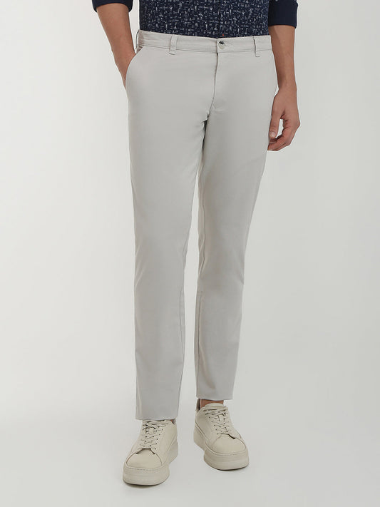 Parx Men Grey Solid-Dobby Low Rise Tapered Fit Cotton Blend Trouser