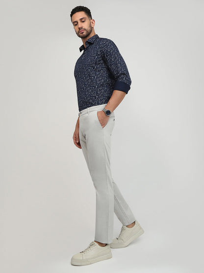 Parx Men Grey Solid-Dobby Low Rise Tapered Fit Cotton Blend Trouser