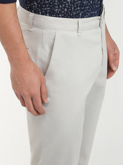 Parx Men Grey Solid-Dobby Low Rise Tapered Fit Cotton Blend Trouser