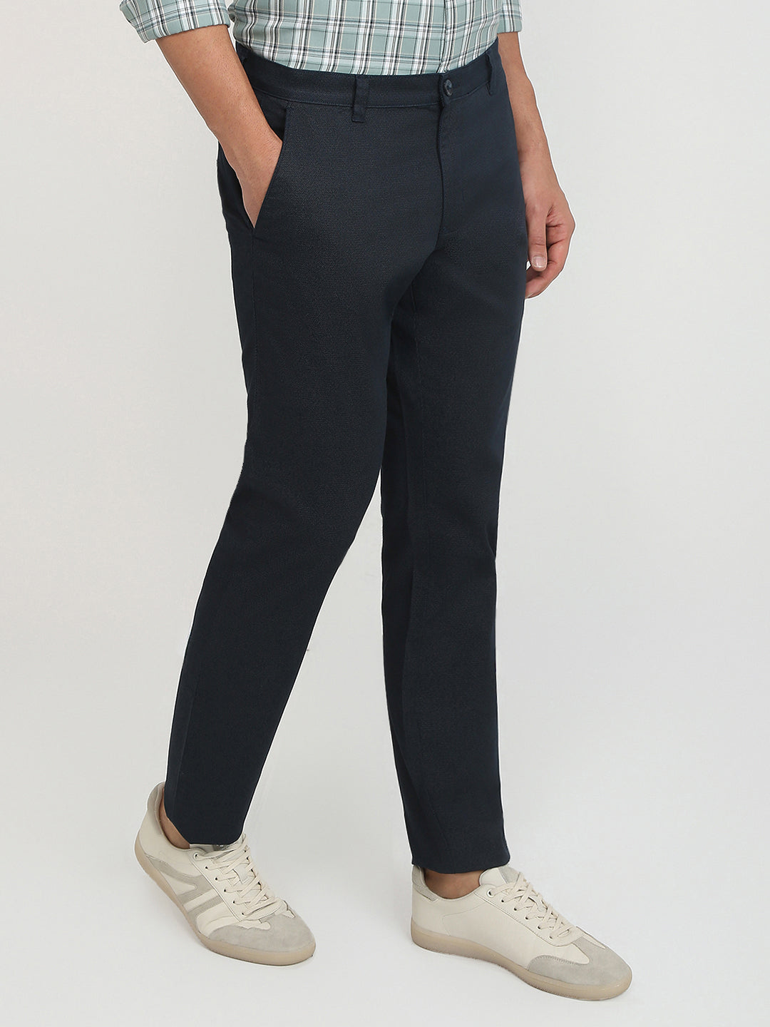 Parx Men Blue Printed Low Rise Tapered Fit Cotton Blend Trouser