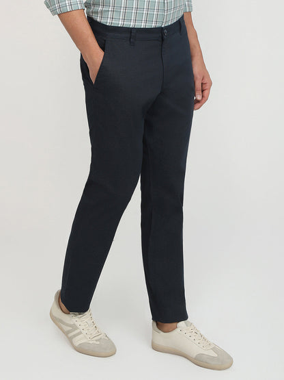 Parx Men Blue Printed Low Rise Tapered Fit Cotton Blend Trouser