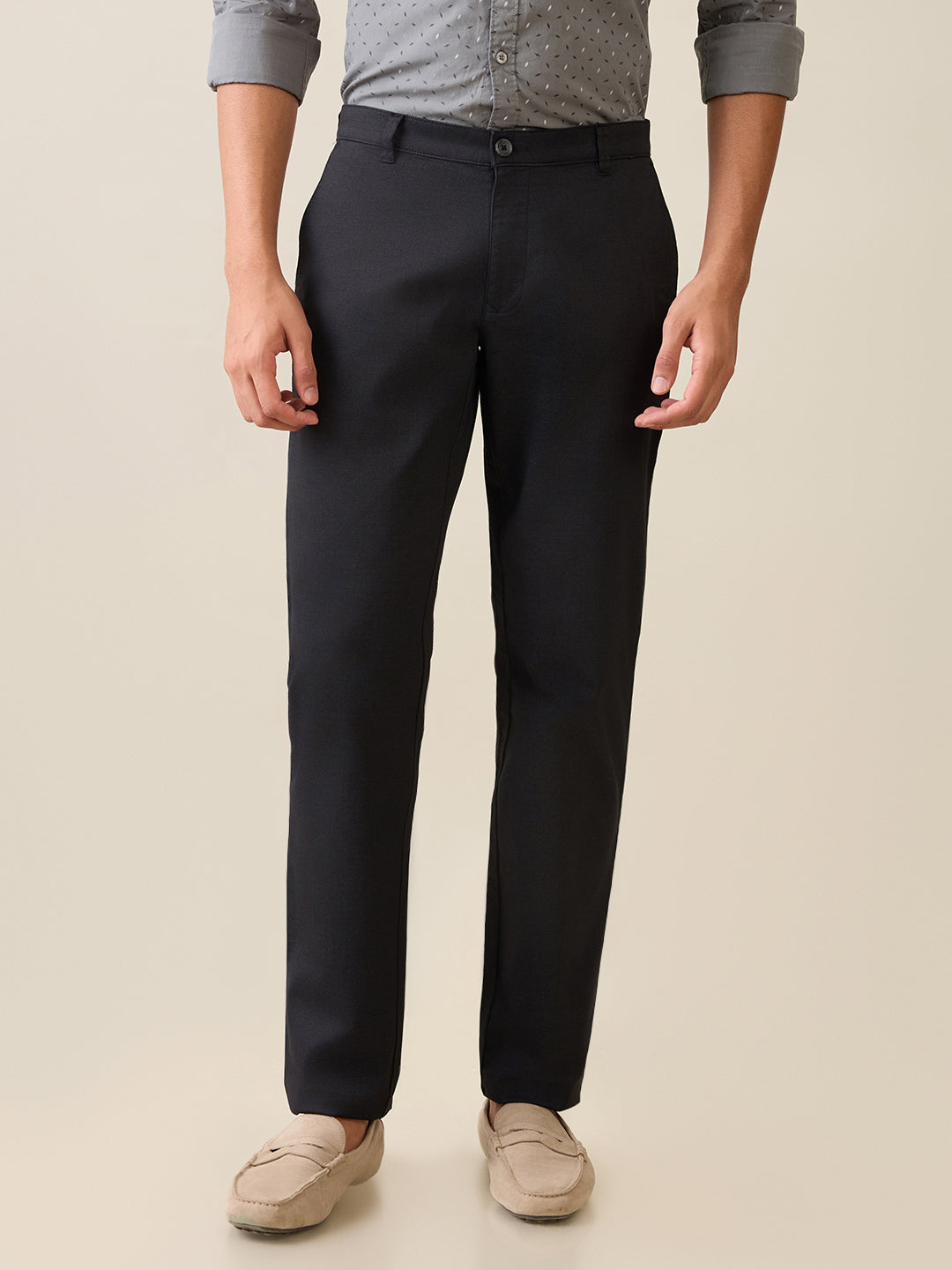 Parx Men Black Printed Low Rise Tapered Fit Cotton Blend Trouser