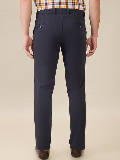 Parx Men Blue Solid Low Rise Tapered Fit Cotton Blend Trouser