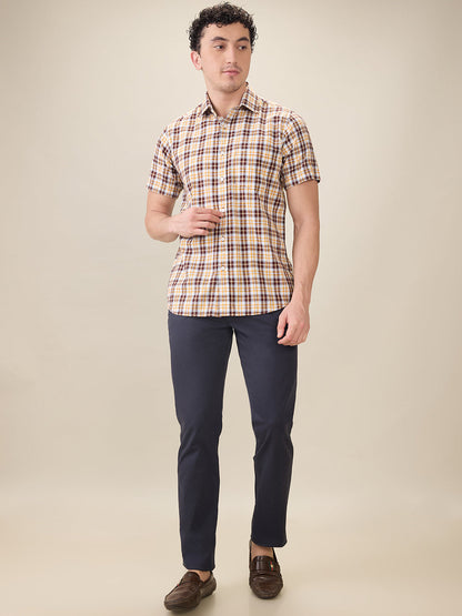 Parx Men Blue Solid Low Rise Tapered Fit Cotton Blend Trouser