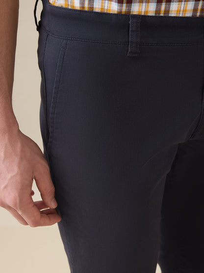 Parx Men Blue Solid Low Rise Tapered Fit Cotton Blend Trouser