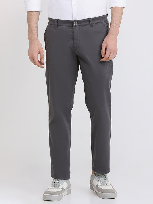 Parx Men Grey Solid Low Rise Tapered Fit Cotton Blend Trouser
