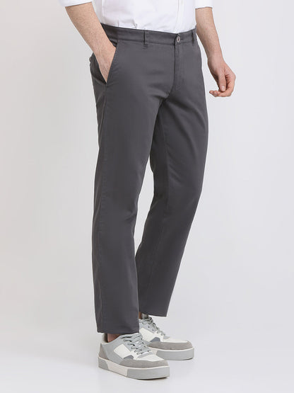 Parx Men Grey Solid Low Rise Tapered Fit Cotton Blend Trouser