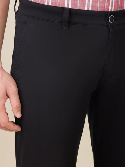 Parx Men Black Solid Low Rise Tapered Fit Cotton Blend Trouser