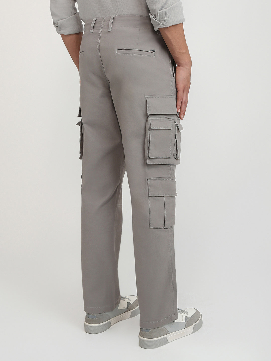 Parx Men Grey Solid Cargo Fit Cotton Blend Trouser