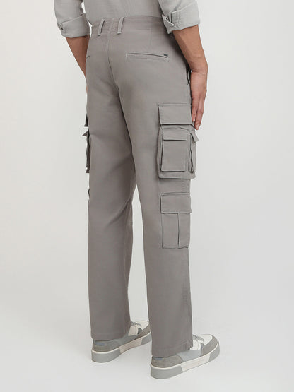 Parx Men Grey Solid Cargo Fit Cotton Blend Trouser