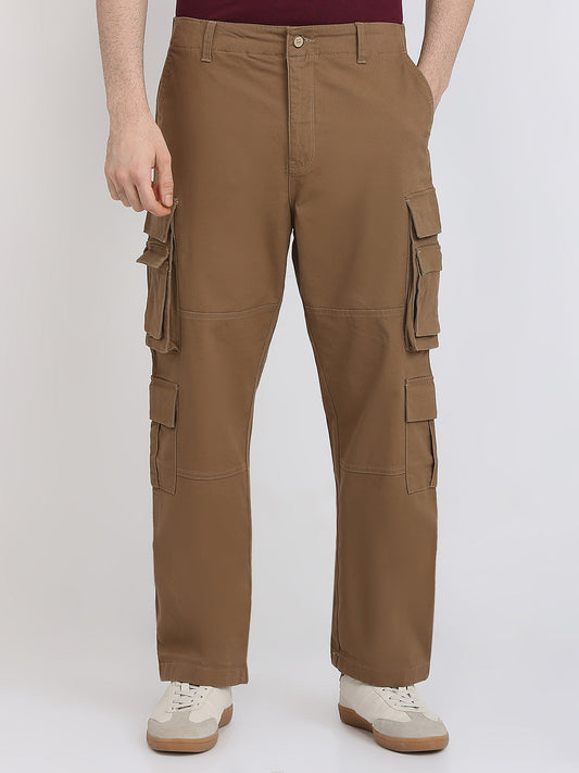 Parx Men Khaki Solid Cargo Fit Cotton Blend Trouser