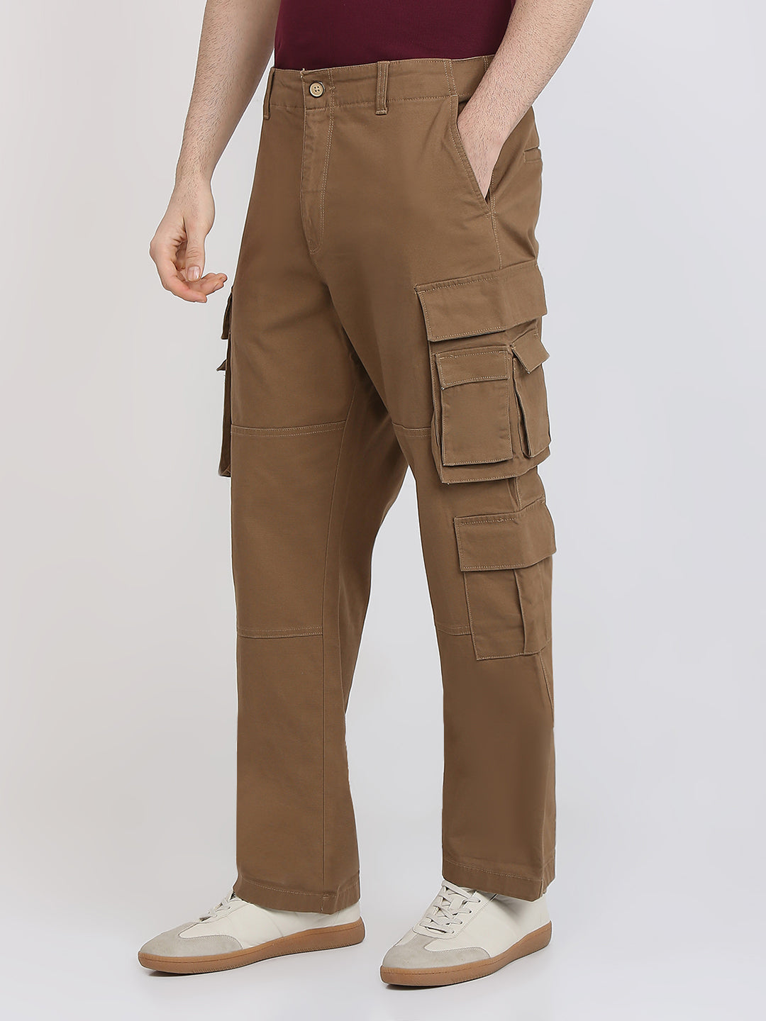 Parx Men Khaki Solid Cargo Fit Cotton Blend Trouser