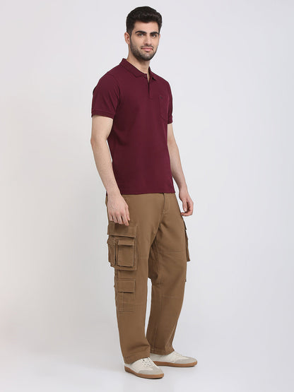 Parx Men Khaki Solid Cargo Fit Cotton Blend Trouser