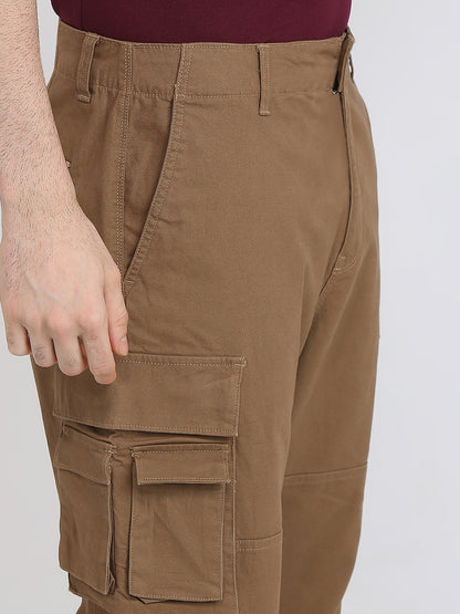 Parx Men Khaki Solid Cargo Fit Cotton Blend Trouser
