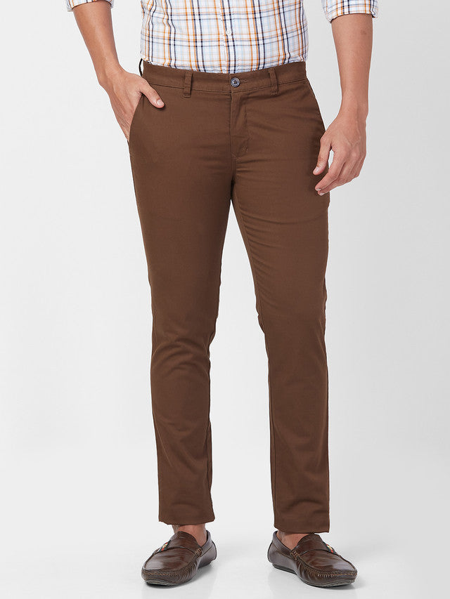 Parx Brown Solid Super Slim Fit Cotton Blend Trouser