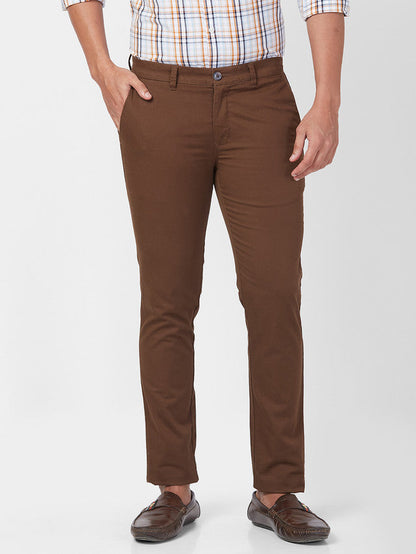 Parx Brown Solid Super Slim Fit Cotton Blend Trouser