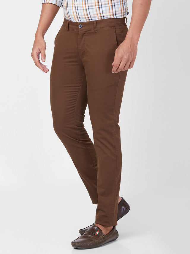 Parx Brown Solid Super Slim Fit Cotton Blend Trouser