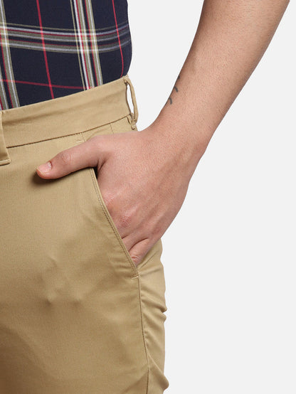 Parx Khaki Solid Super Slim Fit Cotton Blend Trouser