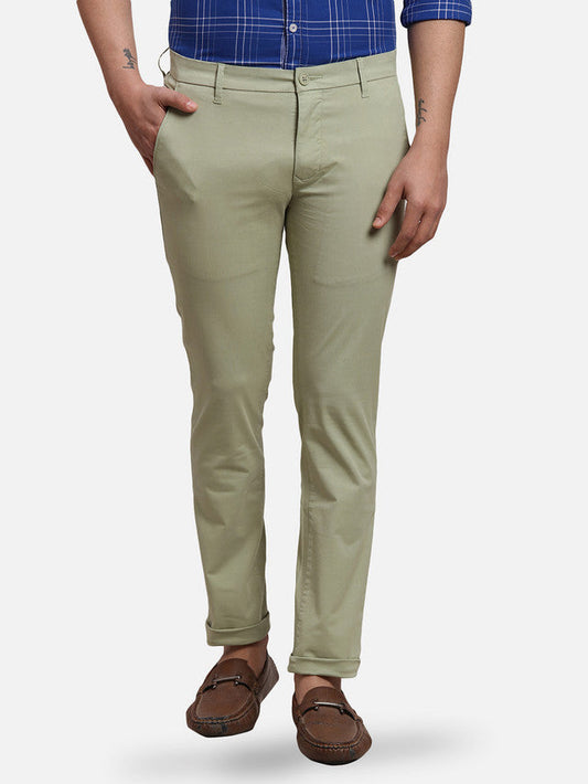 Parx Green Solid Super Slim Fit Cotton Blend Trouser