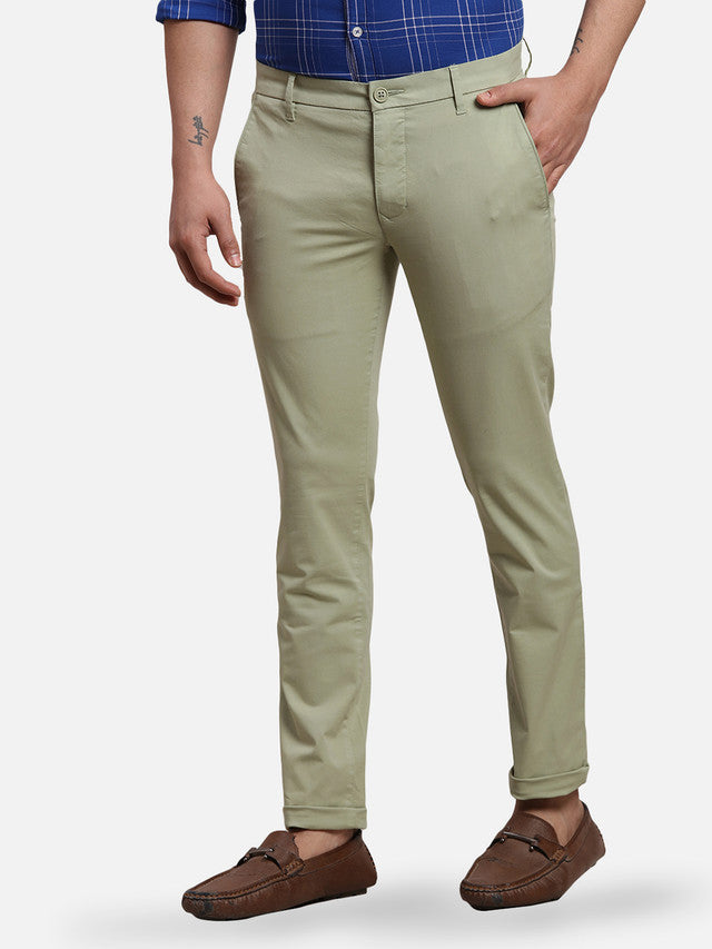 Parx Green Solid Super Slim Fit Cotton Blend Trouser