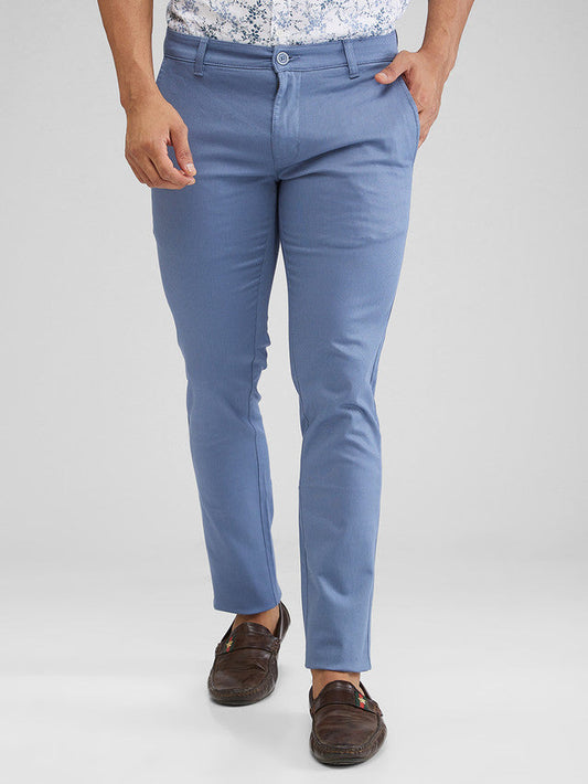 Parx Blue Solid Super Slim Fit Cotton Blend Trouser