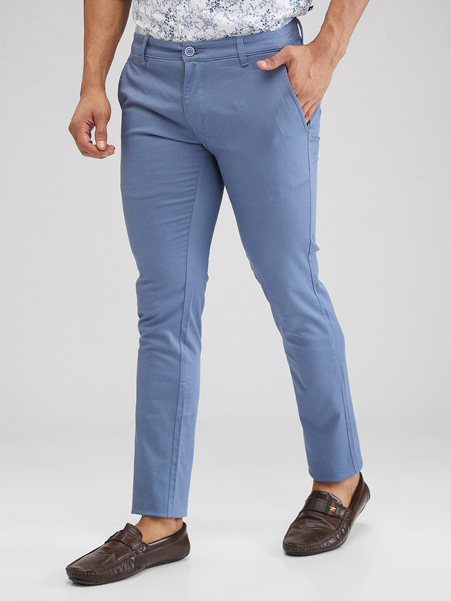 Parx Blue Solid Super Slim Fit Cotton Blend Trouser