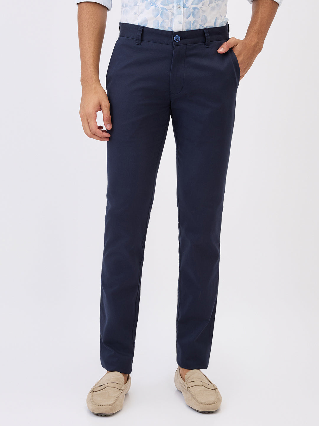 Parx Men Blue Solid Super Slim Fit Cotton Blend Trouser