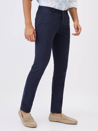 Parx Men Blue Solid Super Slim Fit Cotton Blend Trouser