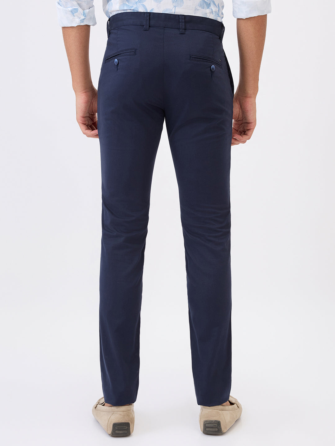 Parx Men Blue Solid Super Slim Fit Cotton Blend Trouser