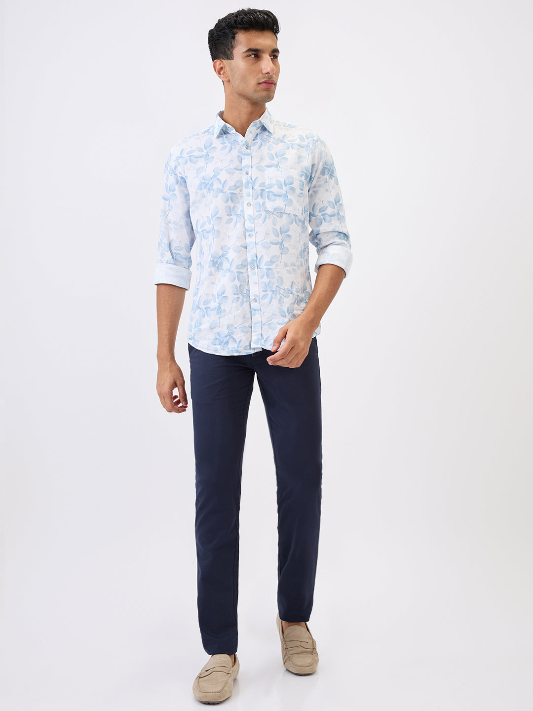 Parx Men Blue Solid Super Slim Fit Cotton Blend Trouser