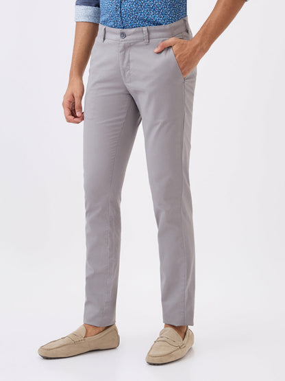 Parx Men Grey Solid Super Slim Fit Cotton Blend Trouser