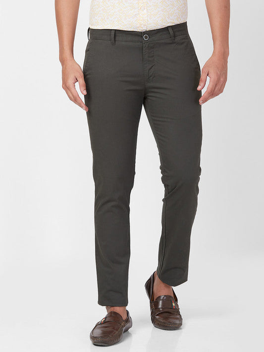Parx Green Solid Slim Tapered Fit Cotton Blend Trouser