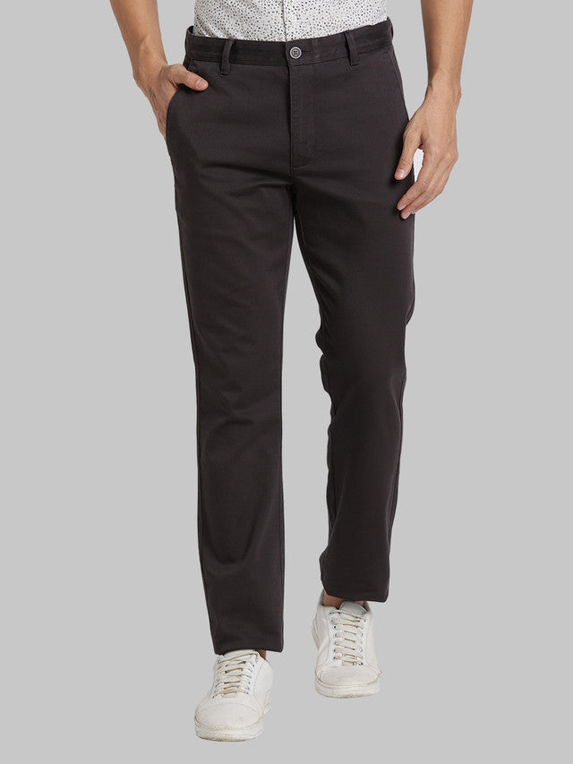 Parx Grey Solid Slim Tapered Fit Cotton Blend Trouser