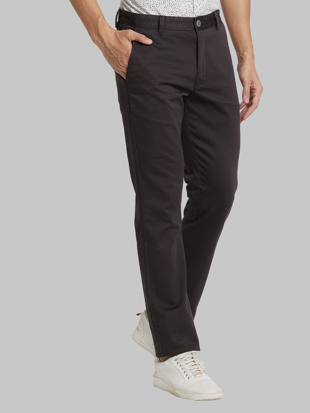 Parx Grey Solid Slim Tapered Fit Cotton Blend Trouser