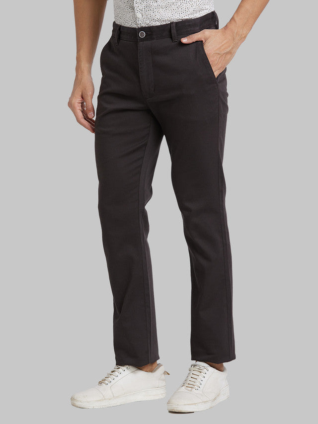 Parx Grey Solid Slim Tapered Fit Cotton Blend Trouser