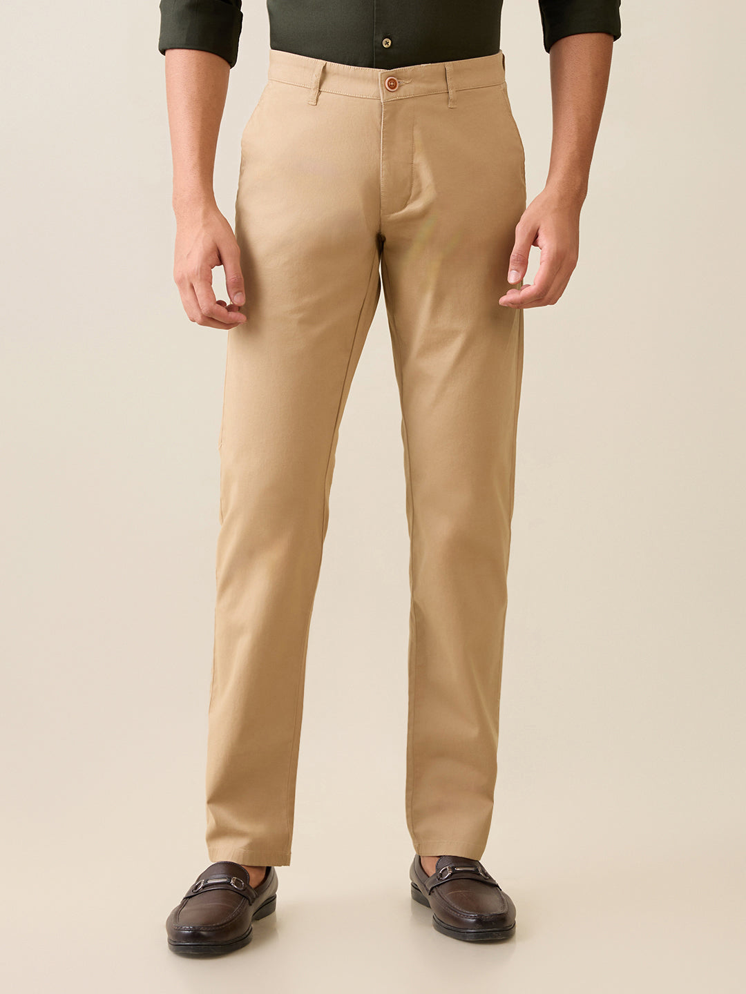 Parx Men Khaki Solid Slim Tapered Fit Cotton Blend Trouser