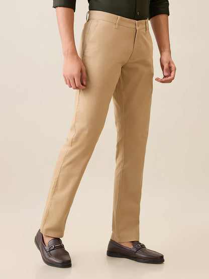 Parx Men Khaki Solid Slim Tapered Fit Cotton Blend Trouser