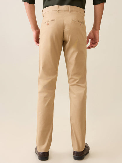 Parx Men Khaki Solid Slim Tapered Fit Cotton Blend Trouser