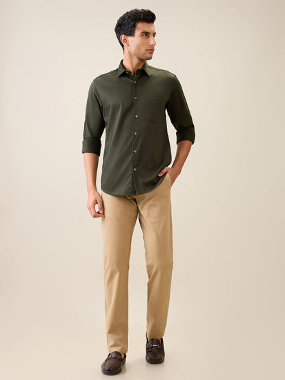 Parx Men Khaki Solid Slim Tapered Fit Cotton Blend Trouser