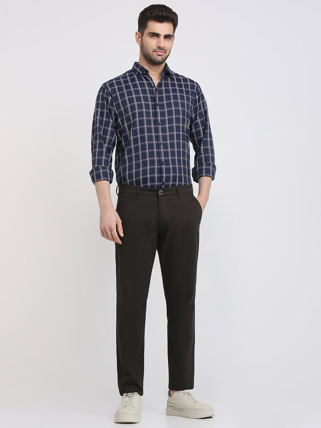 Parx Men Brown Solid Slim Tapered Fit Cotton Blend Trouser