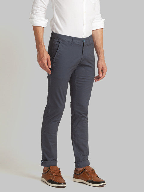 Parx Men Blue Piece Dyed Low Rise Tapered Fit Cotton Blend Trouser