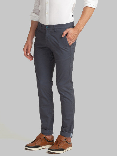 Parx Men Blue Piece Dyed Low Rise Tapered Fit Cotton Blend Trouser