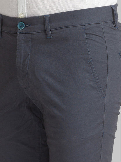 Parx Men Blue Piece Dyed Low Rise Tapered Fit Cotton Blend Trouser