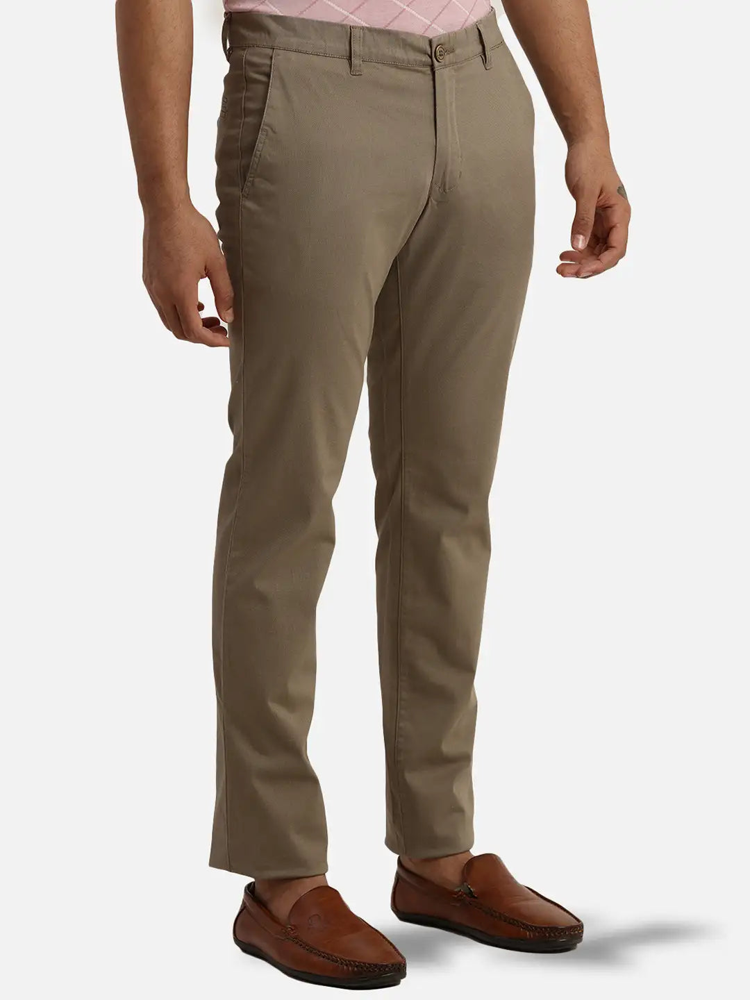 Men Khaki Low Rise Tapered Fit Print Cotton Blend Trouser
