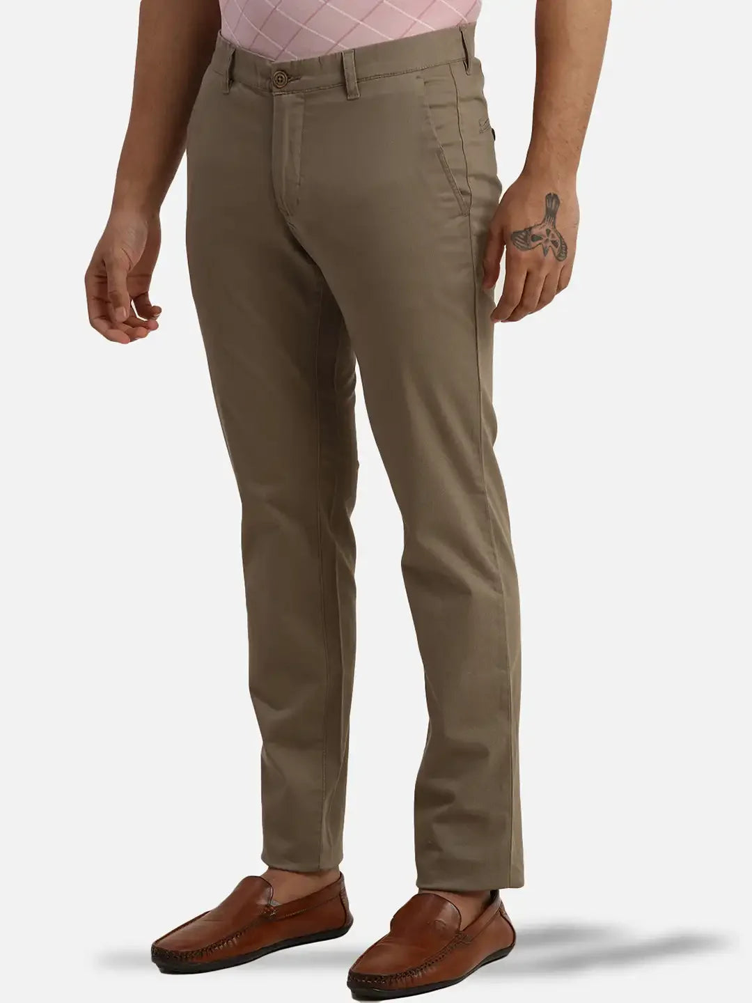 Men Khaki Low Rise Tapered Fit Print Cotton Blend Trouser