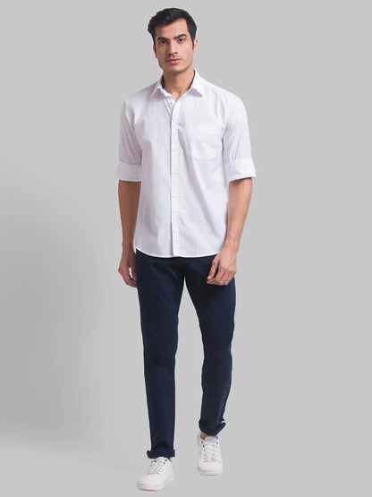 Men Blue Lrt Fit Solid Cotton Blend Trouser